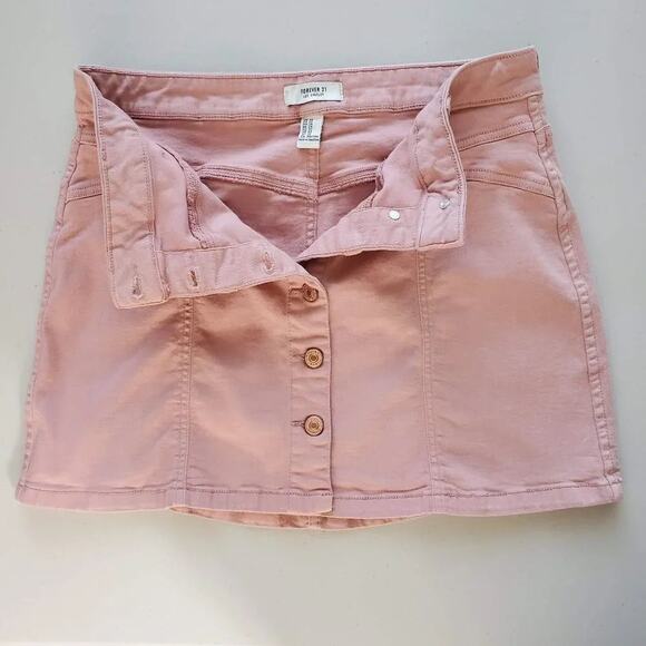 Forever 21 Denim Mini Skirt Women Size 29 Pink Button Up Cotton Copper Stretchy - Picture 6 of 9